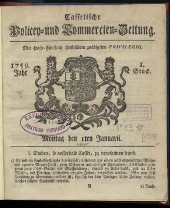 1. Stueck, Montag den 1ten Januarii 1759
