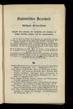 Alphabetisches Verzeichniß der hiesigen Einwohner