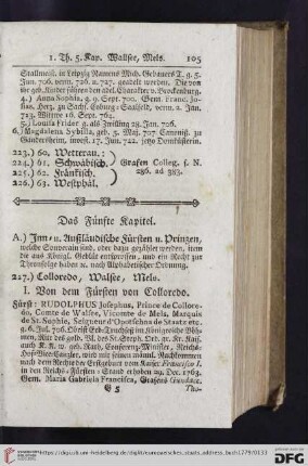 Das Fünfte Kapitel: A.) Inn- u. Außländische Fürsten u. Prinzen [...]