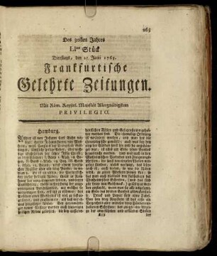 LItes Stück Dienstags, den 25. Junii 1765. - LXtes Stück Freytags, den 26. Julii 1765.