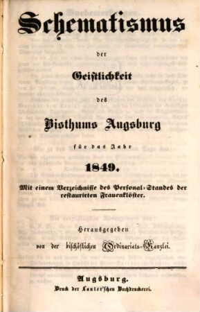 Schematismus der Geistlichkeit des Bistums Augsburg : für das Jahr .... 1849