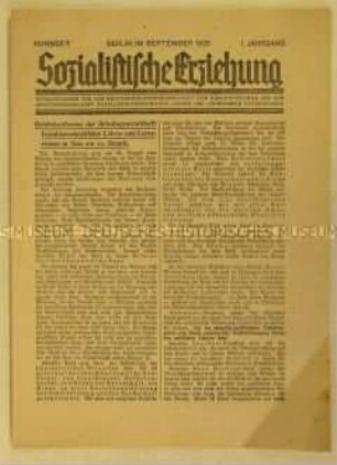 Sozialdemokratisches Mitteilungsblatt "Sozialistische Erziehung" u.a. zur Reichskonferenz der Arbeitsgemeinschaft sozialdemokratischer Lehrer