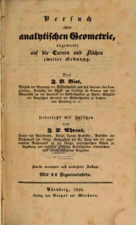 Versuch einer analytischen Geometrie, angewandt auf die Curven und Flächen zweiter Ordnung