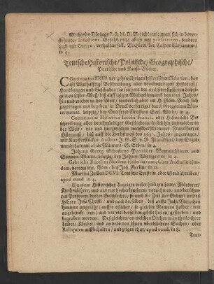 Teutsche Historische/ Politische/ Geographische/ Poetische und Kunst-Bücher.