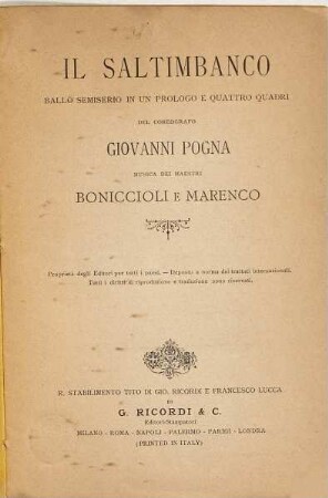 Il saltimbanco : ballo semiserio in un prologo e quattro quadri