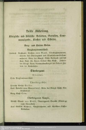 Dritte Abtheilung. Behördenverzeichnis : Dritte Abtheilung. Königliche und städtische Behörden, Garnison, Communalgarde, Kirchen und Schulen