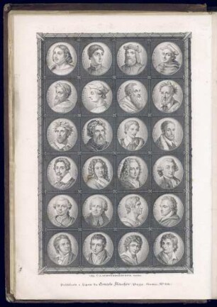 Tableau mit 24 Bildnismedaillons von italienischen Theaterdichtern (u. a. Boccaccio, Divizio, Machiavelli, Aretino, Tasso, Bruno, Buonarroti, Zeno, Goldoni, Gozzi, Metastasio). Kupferstich von C. A. Schwerdgeburth, 1829. 23,5 x 16,5 cm (Blattgröße). Frontispiz in: Il Parnasso italiano antico e moderno, ovvero: Il parnasso teatrale. Lipsia 1829 [To. III]. Dresden: SLUB 23.8.4105