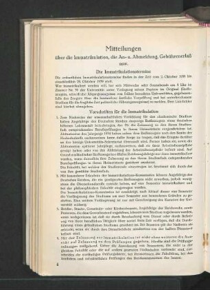Mitteilungen über die Immatrikulation, die An- u. Abmeldung, Gebührenerlaß usw.