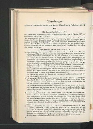 Mitteilungen über die Immatrikulation, die An- u. Abmeldung, Gebührenerlaß usw.
