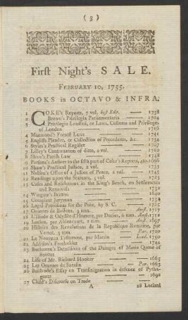 First Night's Sale. February 10, 1755.