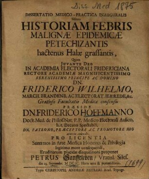 Dissertatio Medico-Practica Inauguralis Sistens Historiam Febris Malignae Epidemicae Petechizantis hactenus Halae grassantis