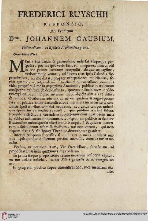 Frederici Ruyschii responsio, ad eruditum Dominum Johannem Gaubium […]