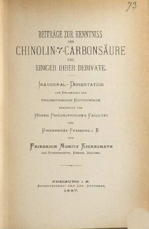 Beiträge zur Kenntniss der Chinolin-??- Carbonsäure und einiger ihrer Derivate : Inaug.-Diss.