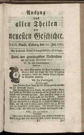 XXIX. Nachl. Coburg, den 20. Jul. 1757.