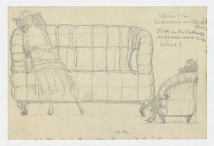 Sitzmöbelentwurf mit Figur : Vorder- und Seitenansicht eines Sofas mit schlafender, weiblicher Figur; mit Maßangaben