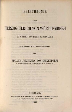 Reimchronik über Herzog Ulrich von Württemberg und seine nächsten Nachfolger