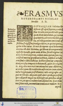 Erasmus Roterodamus Nicolao Beraldo Salutem Dicit