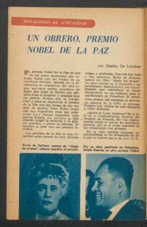 Un obrero, premio Nobel de la Paz : Medallones de actualidad