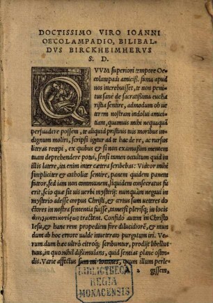 Bilibaldi Birckheimeri De Vera Christi carne & uero eius sanguine, ad Ioan. Oecolampadium responsio