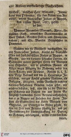 Urtheil, welches Herr Morand, Intendant von Provence, für den Ritter von Arvieux, wider Franciskus Julian zu Aleppo, den 28sten April, 1687, gefället hat