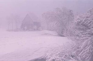 Blick auf ein Haus im Erzgebirge im Winter (Nebel, Schneesturm)