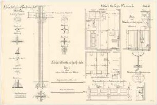 Schlachthof und Viehmarkt, Breslau Schlachthalle für Kleinvieh: Zur Schlachthalle für Großvieh: Schmiedereiserne Säule Schnitte Ansicht 1:10. Schlachthalle für Kleinvieh, Bade- und Wascheinrichtungen: Grundriss Längsschnitt Querschnitt 1:20. Waschbecken: Grundriss Schnitte Ansicht 1:10