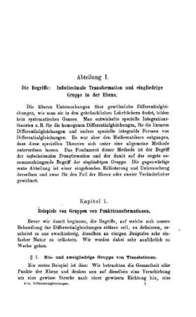 Abteilung I. Die Begriffe: Infinitesimale Transformation und eingliedrige Gruppe in der Ebene.