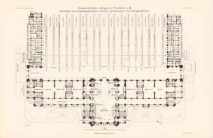 Hauptbahnhof, Frankfurt/Main: Grundriss EG Empfangs- und Verwaltungsgebäude (aus: Atlas zur Zeitschrift für Bauwesen, hrsg. v. Ministerium der öffentlichen Arbeiten, Jg. 41, 1891)