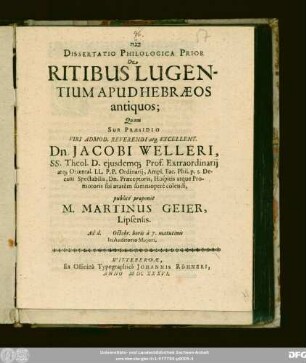 Dissertatio Philologica Prior De Ritibus Lugentium Apud Hebraeos antiquos