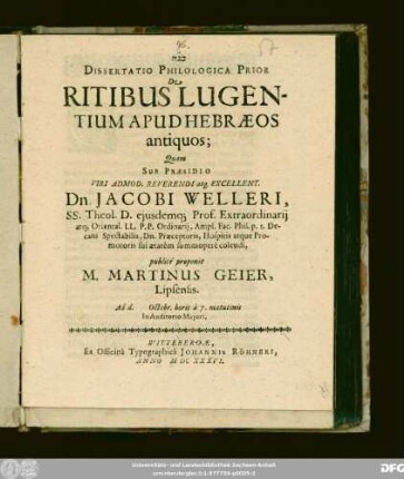 Dissertatio Philologica Prior De Ritibus Lugentium Apud Hebraeos antiquos