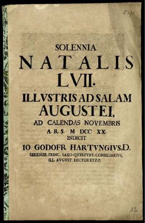 Solennia Natalis LVII. Illustris Ad Salam Augustei, Ad Calendas Novembris A. R. S. M DCC XX.