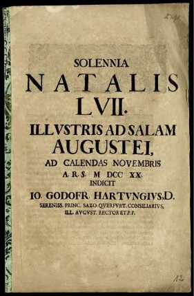 Solennia Natalis LVII. Illustris Ad Salam Augustei, Ad Calendas Novembris A. R. S. M DCC XX.