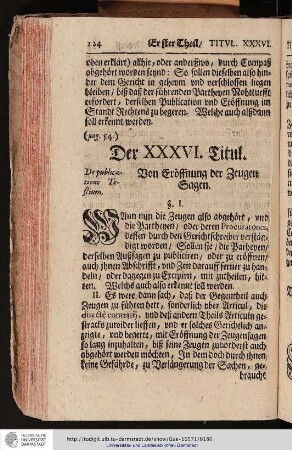 Der XXXVI. Titul. Von Eröffnung der Zeugensagen