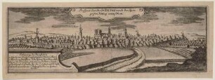 Panorama-Stadtansicht von Zittau in der Oberlausitz von Südwesten nach dem Bombardement durch österreichische Truppen gegen die preußische Besatzung im Siebenjährigen Krieg am 23.07.1757, aus Montalegres Sechs-Stadt Zittau
