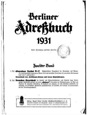 Berliner Adreßbuch 1931 Zweiter Band