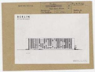 Wettbewerb II. Bauabschnitt der Karl-Marx-Allee: Ansichtszeichnung, Südansicht. Berlin, Mitte/Friedrichshain, Stalinallee (vor 1949 Frankfurter Allee, seit 1961 Karl-Marx-Allee)/Strausberger Platz/Alexanderplatz/Schillingstraße