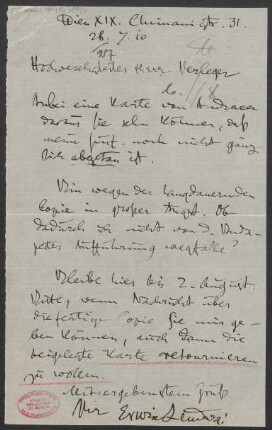 Brief an B. Schott's Söhne : 26.07.1910