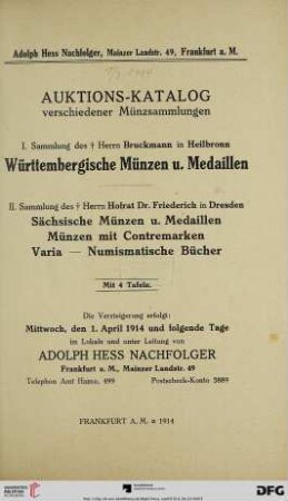 Katalog / Adolph Hess Nachfolger: Auktions-Katalog verschiedener Münzsammlungen