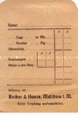 Lohntüte der Firma Becker & Haese (blanko)