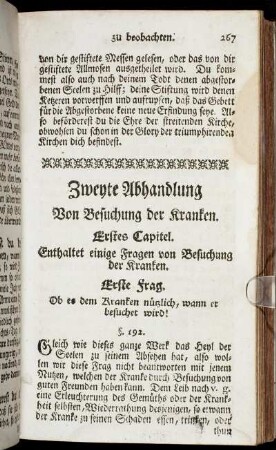 Erstes Capitel. Enthaltet einige Fragen von Besuchung der Kranken.