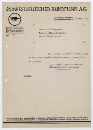 Brief von Südwestdeutscher Rundfunk AG / Ernst Schoen an Raoul Hausmann. Frankfurt a.M