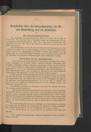 Vorschriften über die Immatrikulation, die An- und Abmeldung und die Benefizien.