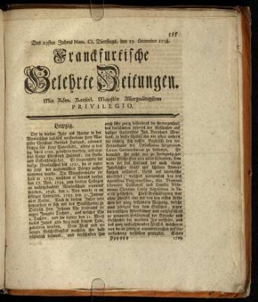 Num. CI. Dienstags, den 19. December 1758 - Num. CIV. Freytags, den 29. December 1758.
