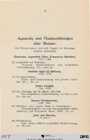 Aquarelle und Handzeichnungen alter Meister (Nr. 351-377)