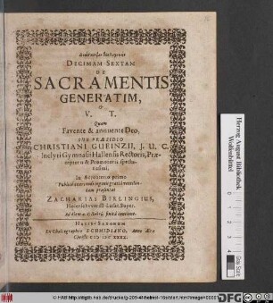 Diaskepsin Theologikēn Decimam Sextam De Sacramentis Generatim & V. T.