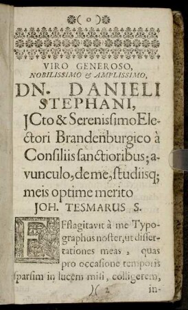 Viro Generoso, Nobilissimo & Amplissimo Dn. Danieli Stephani Icto & Serenissimo Electori Brandenburgico [...]