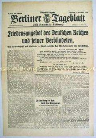 "Berliner Tageblatt" zu einem Friedensangebot der Mittelmächte