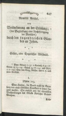 Neunter Artikel, von Theilnehmung an der Erlösung ; ...