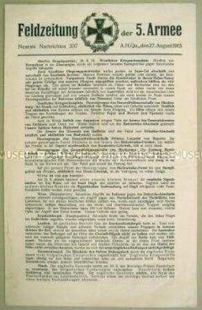 Nachrichtenblatt der 5. Armee mit Kurzmeldungen von verschiedenen Kriegsschauplätzen