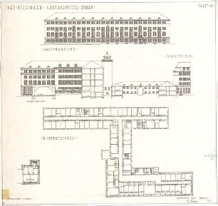 Fischer, Theodor; Bad Kissingen; Kurhaus-Hotel - Grundriss 3. OG, Teilgrundriss; Gartenseite (Ansicht); Speisesaal (Schnitt)